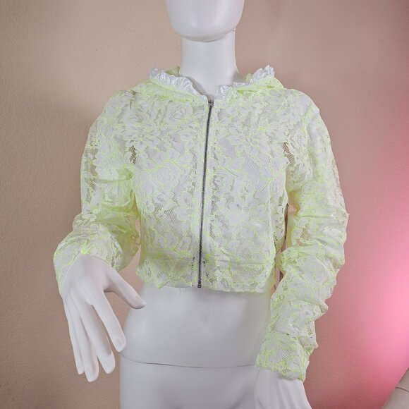 NWT Pink Lipstick Loungewear Mini Midriff Floral Lace Hoodie Glows in Blacklight - Picture 3 of 10